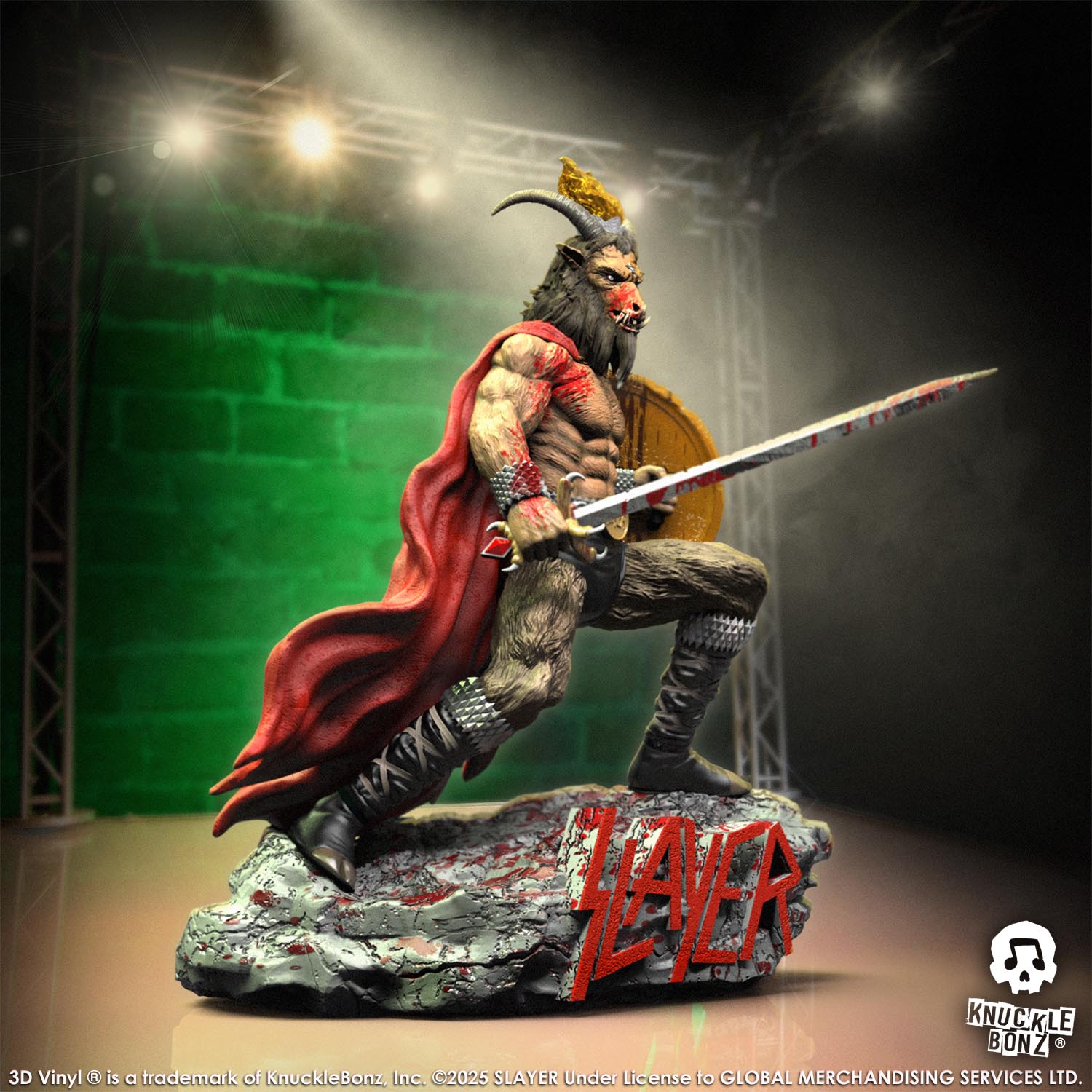 Statue of the Slayer Show No Mercy statue with a sword and shield, featuring the Slayer logo with a green background